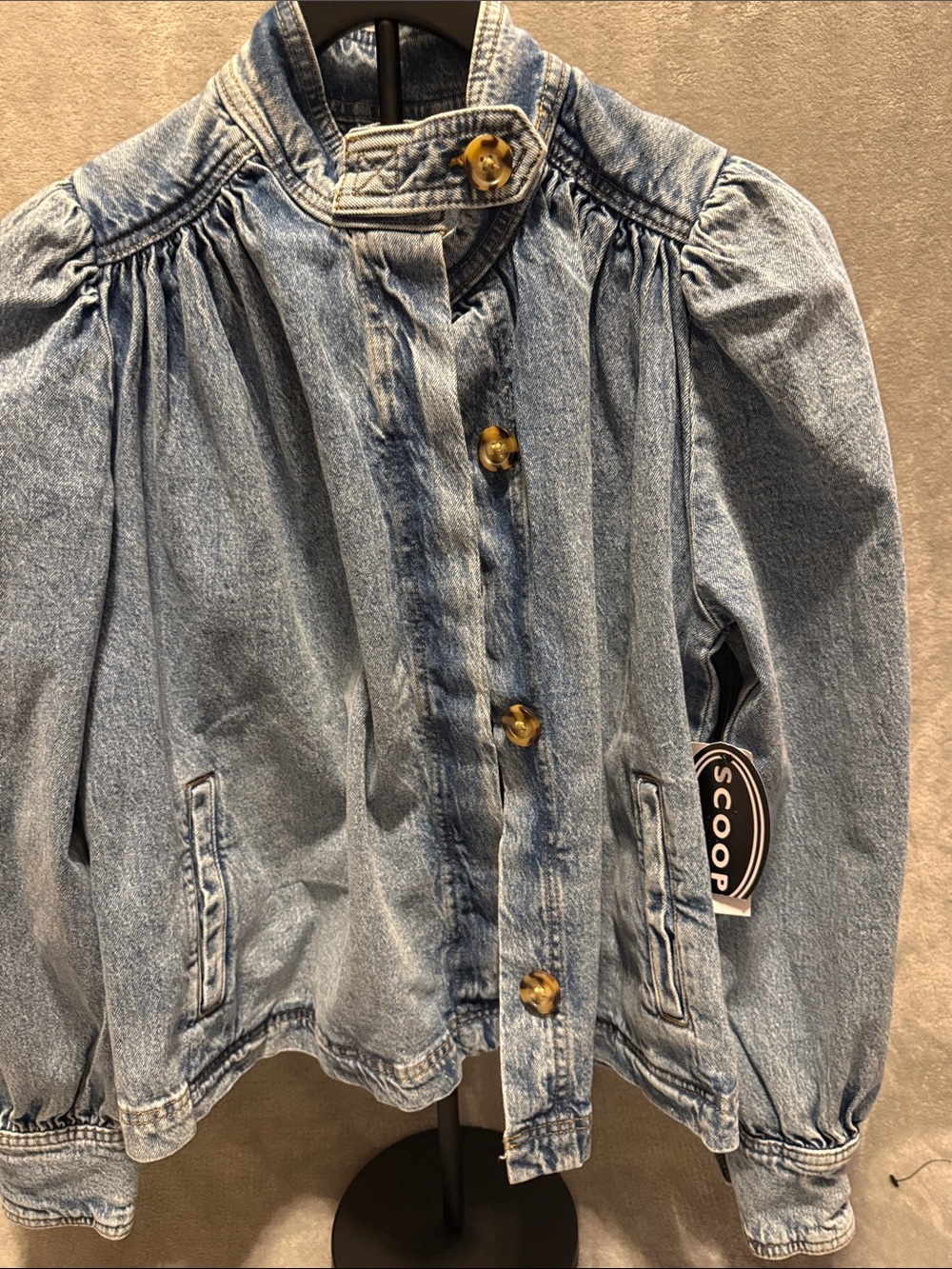 Scoop Light Blue Denim Utility Jacket with Puff Shoulders